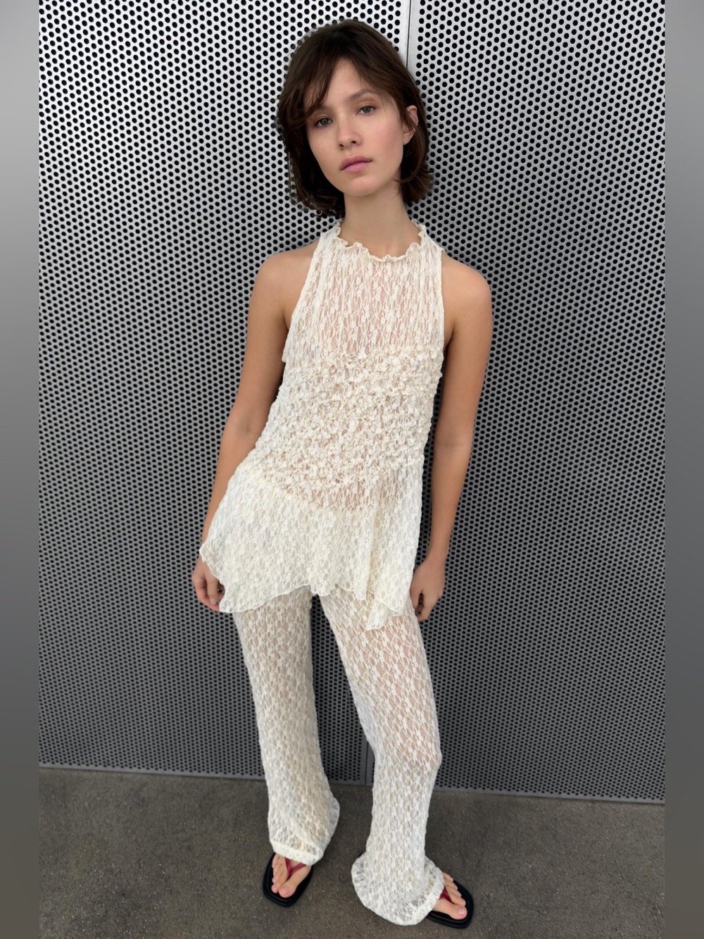 Zara 2-Piece Co-ord Set White layered gathered lace - Size Medium